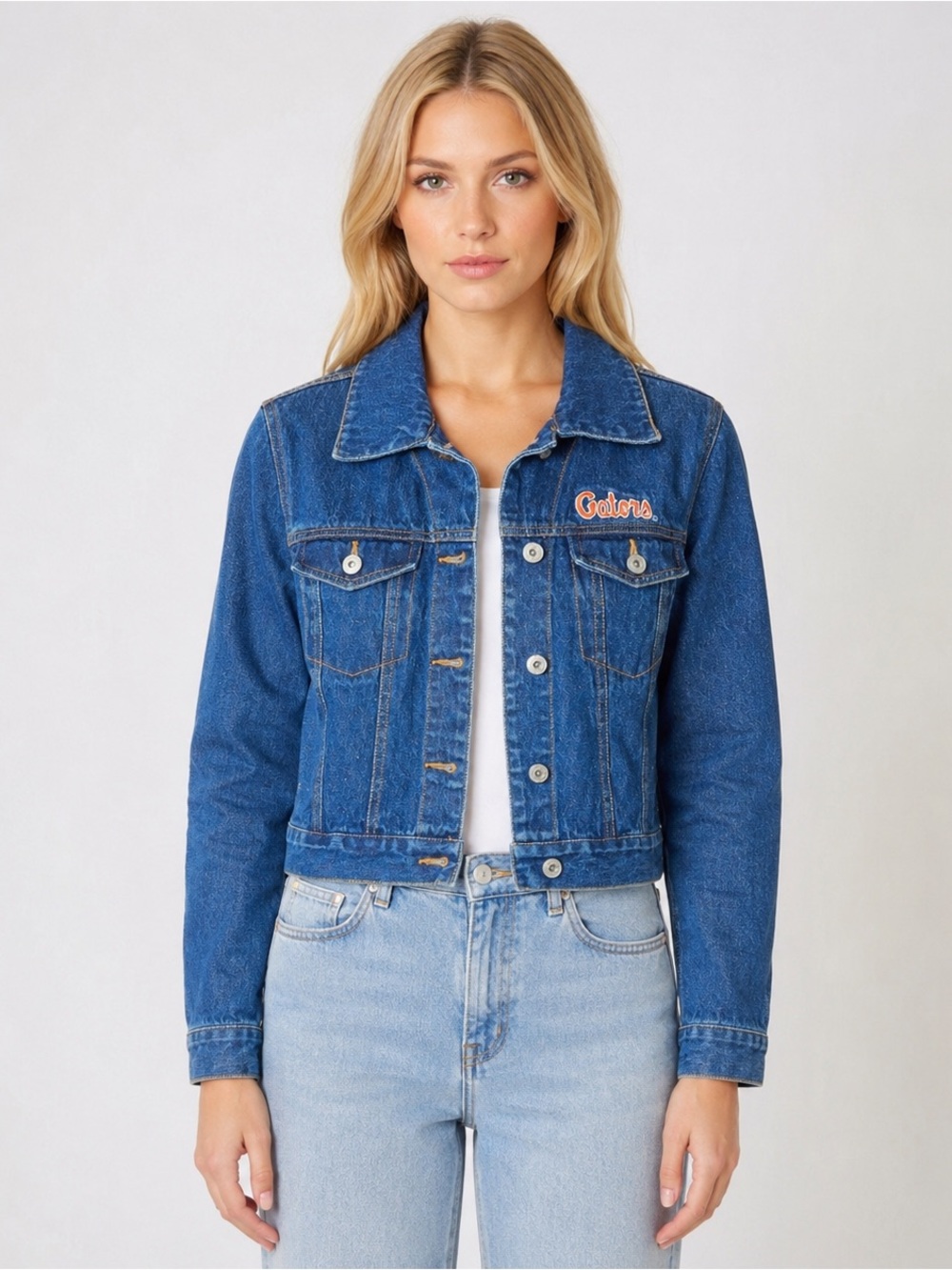 Vintage Y2K Florida Gators Denim Jean Jacket Jerry Leigh Cropped Sz Small Preppy